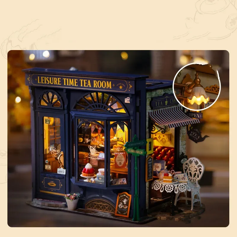 Animation Kawaii British Time Afternoon Tea Diy Handmade Cabin Small House Model Mini Scene Building Blocks Female Birthday Gift