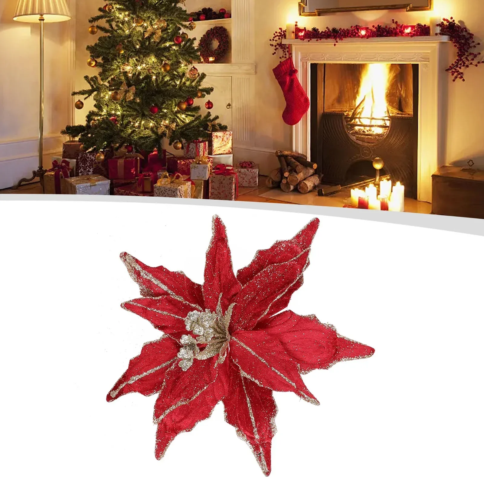 28cm Christmas Poinsettia Glitter Artificial Flannel Flowers Heads Xmas Tree Ornaments 2025 New Year Party Navidad Decoration