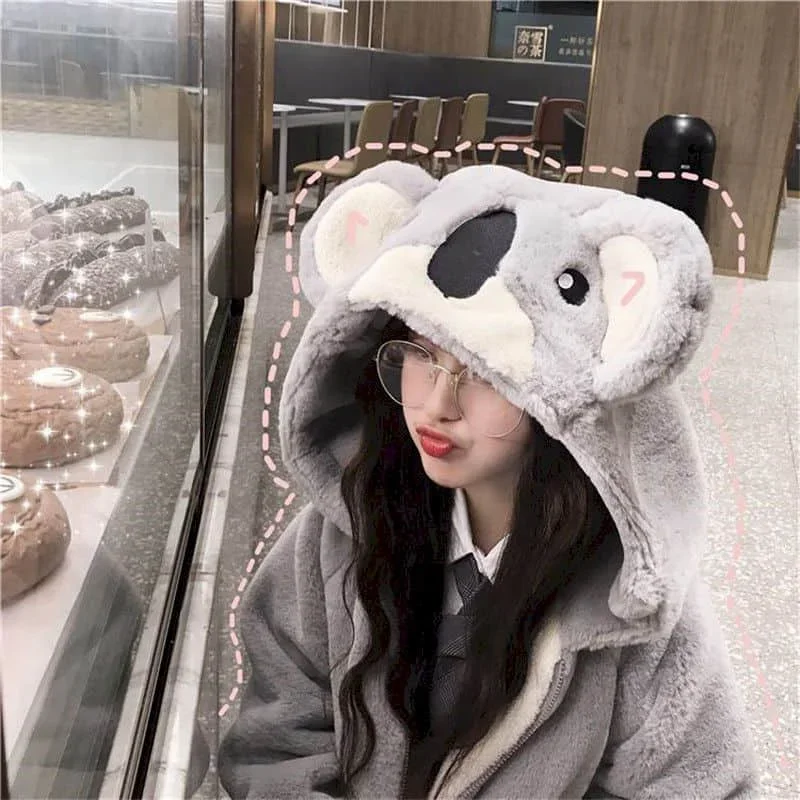 Chaqueta de felpa con capucha para mujer, chaqueta peluda gruesa con orejas de Koala, estilo japonés, invierno, 2021