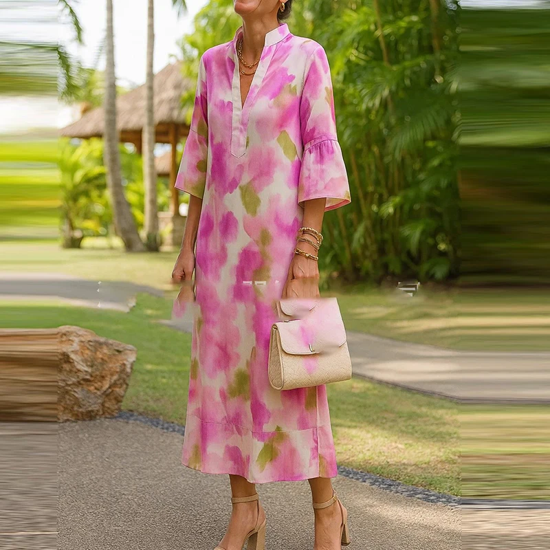 Womens Elegant Floral Print V-Neck Boho Dress Spring Retro Half Sleeve Loose Long Dress Summer Casual Side Split Commuting Dress