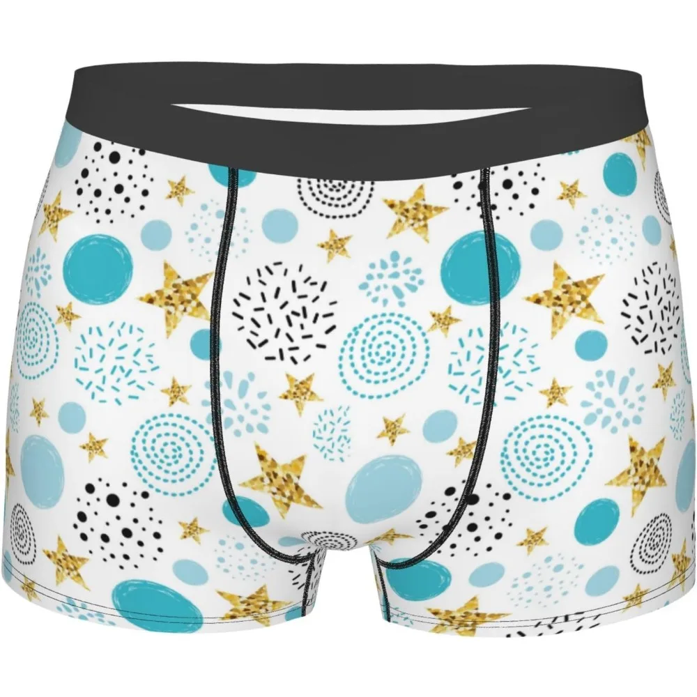 

Gold Stars Blue Dots Pattern Print Underwear For Men Comfy Cozy Holiday Boxer Briefs