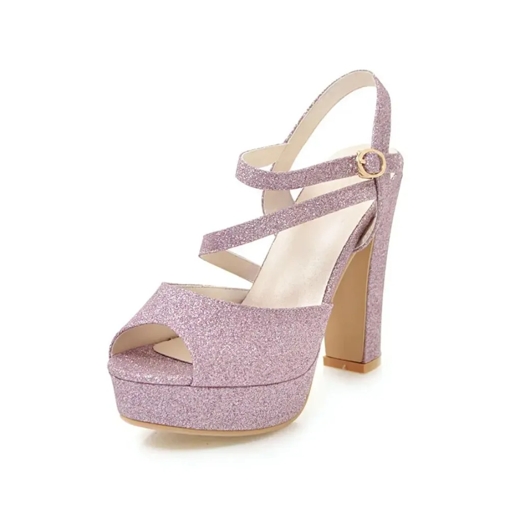 

Gold Bling Women Platform Sandals High Heel Silver Gold Glitter PU Wedding Party Office Peep Toe Ankle Strap Summer Female Shoes