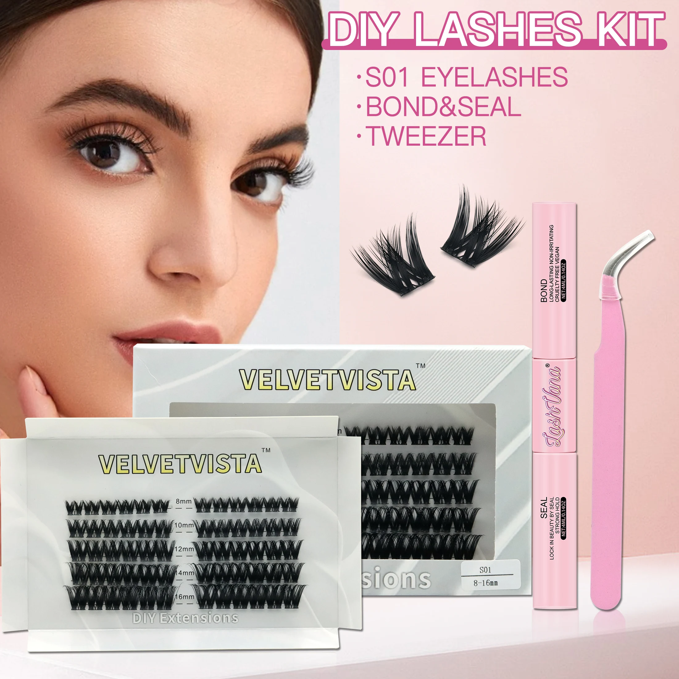 Cluster per ciglia Kit per estensioni delle ciglia Set per trucco fai-da-te Applicatore per rimozione colla per ciglia e sigillo