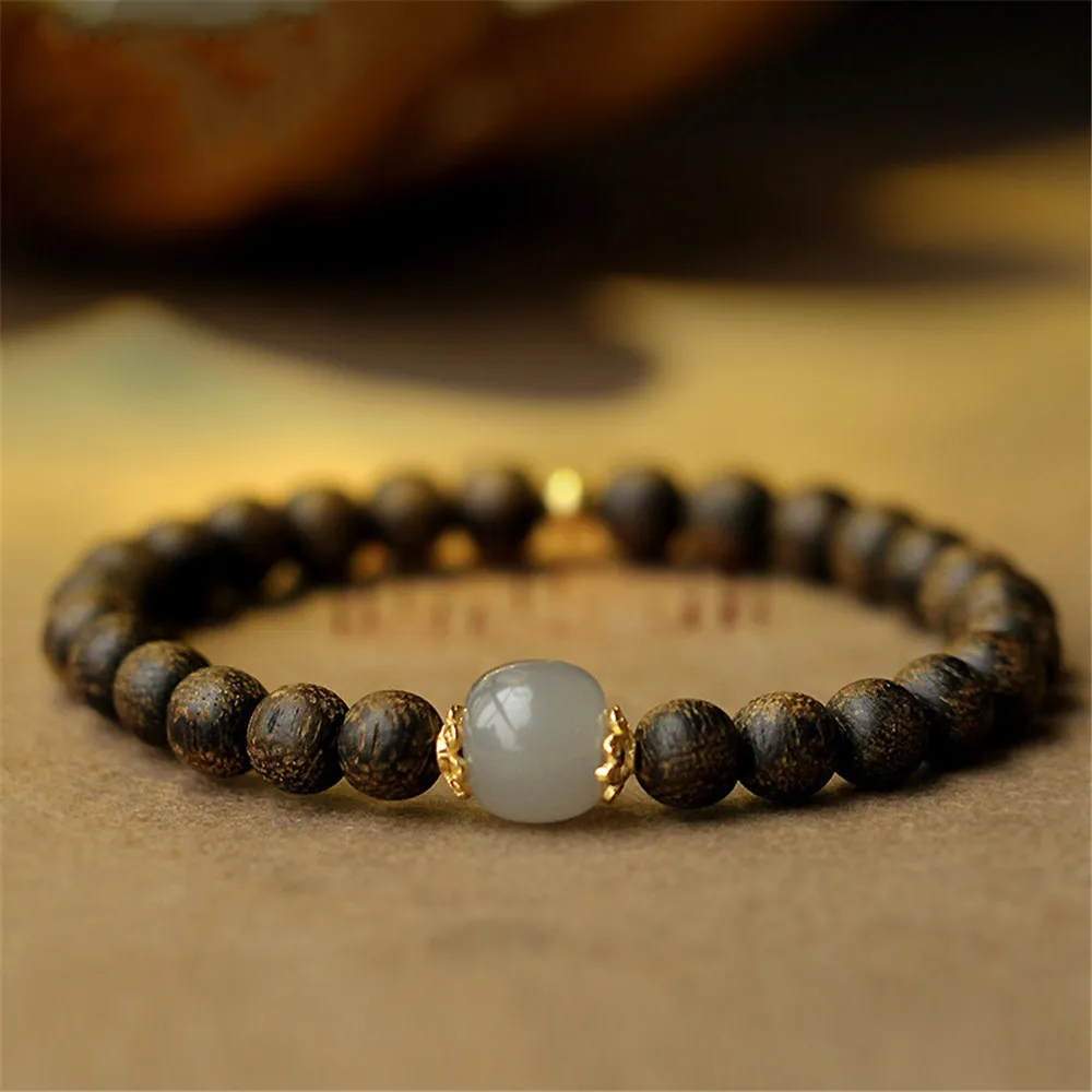 Wietnam Nha Trang Agarwood drewniany budda koraliki pierścień pojedynczy bransoletka naturalny Hetian Jade 14K biżuteria ze złotym wypełnieniem prezent hurtownie
