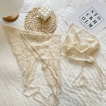 2024 New Style Lace Triangular Binder Headscarf Beige French Farm Style Girl Korean Style Ins Style Lace-up Hair Band Toe Cap