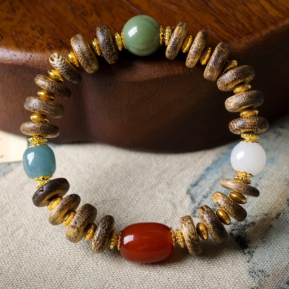 Natural Agarwood Tablet Bead Bracelet Nanhong Agate Tianshan Jade Hand Woven Chinese Style Handicraft Jewelry