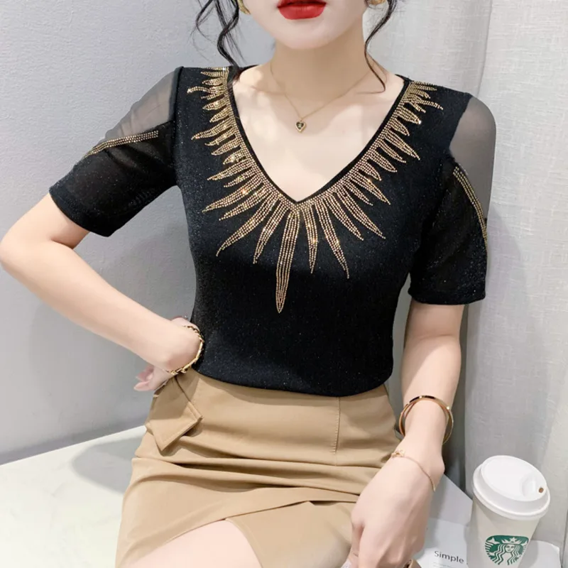 #5415 Black Blue Mesh T Shirt Women V-neck Diamonds Sexy Skinny Office T-shirt Short Sleeve Spliced Mesh Off Shoulder Summer2023