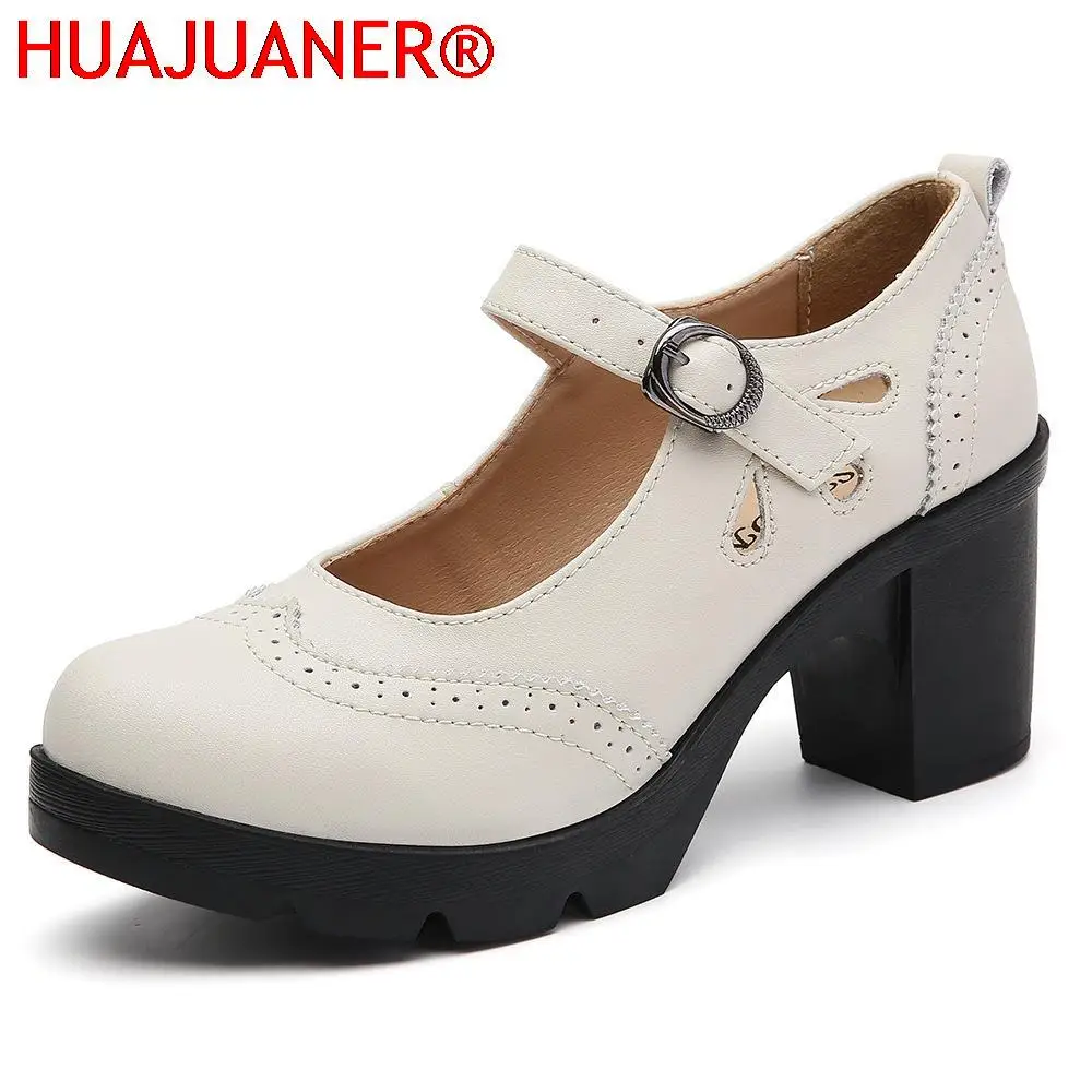 Elegant Genuine Leather Women Shoes Round Toe Mary Janes Platform Shoes Vintage Carved Hollow Ladies Shoes Beige Big Size 34-43