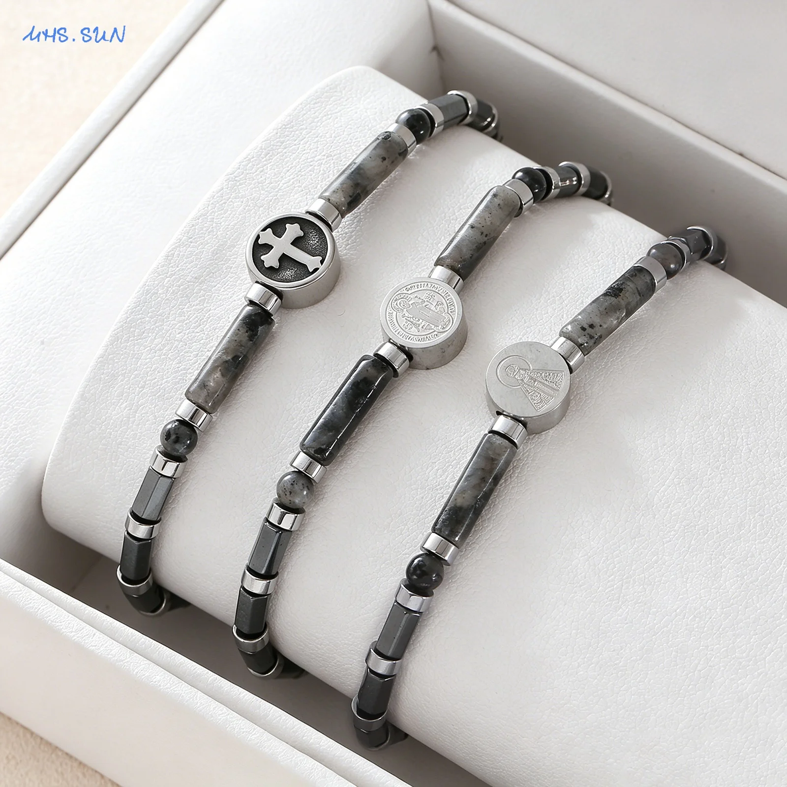 Fashion Natural Stone Black Flash Agate Hematite Stainless Steel Jesus Cross Stackable Bracelet Unisex Jewelry For Daily Commute