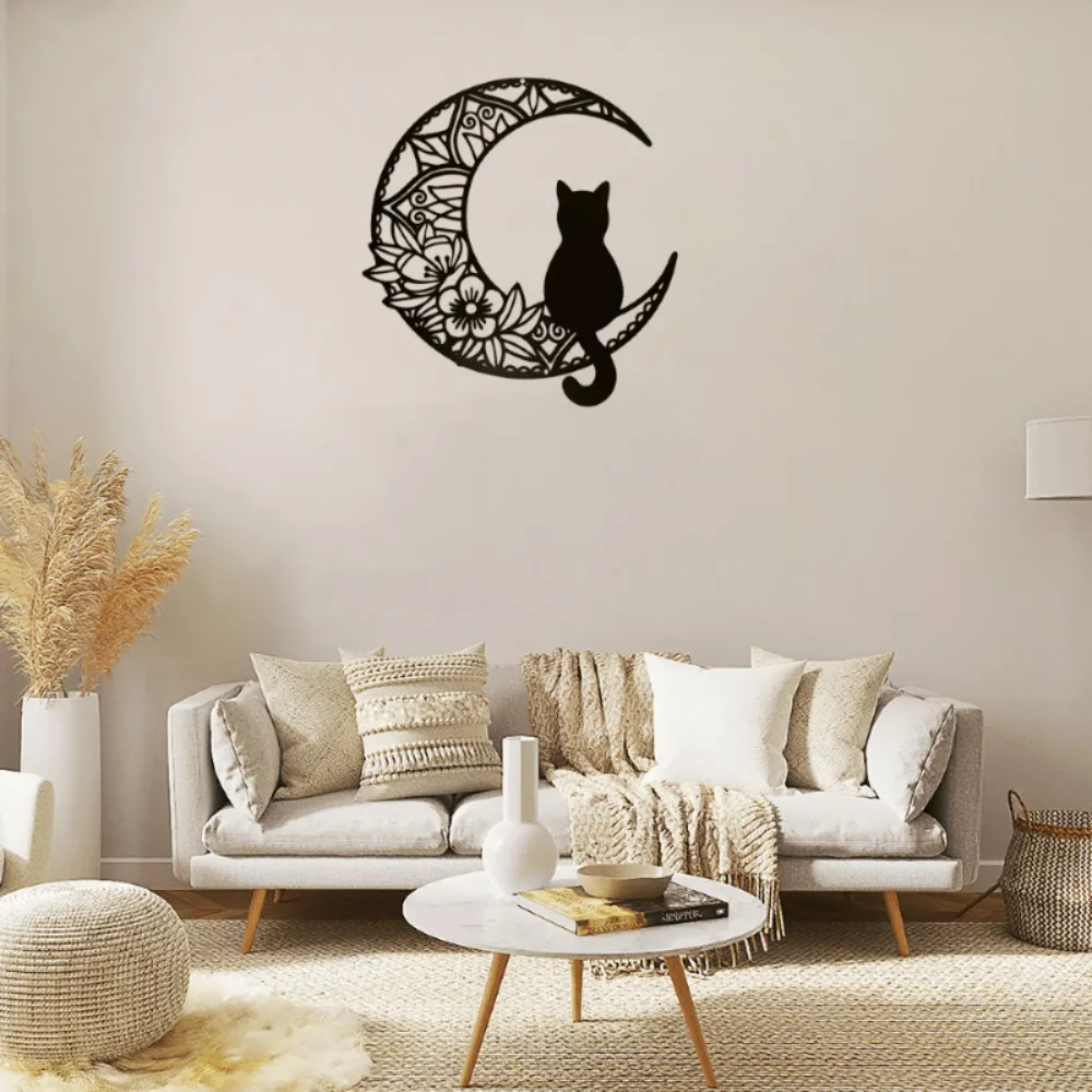 Whimsical Black Cat On Moon Metal Wall Sculpture Elegant Home Decor Gift for Cat Lovers