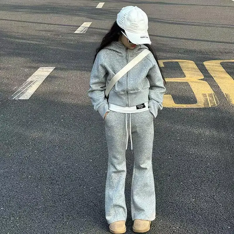2026 autumn winter teenager kids girl Children set Clothes crop top Hooded + black Straight pants 4 6 7 8 9 10 11 12 14 15 Year 6