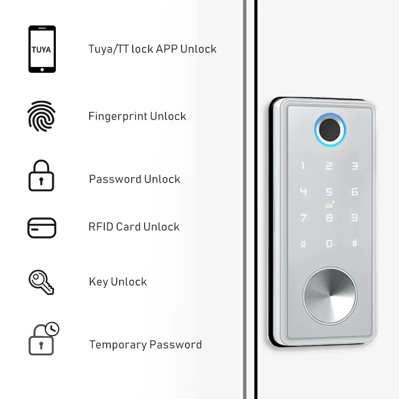 Electronic Keyless Entry Door Lock, Tuya, Wi-Fi, Keyless Entry, Teclado, Códigos Pin, Card Key, Impressão digital, Alexa, Google, Smart Door Lock