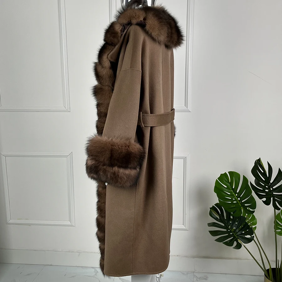 หรูหราขนสัตว์ Trench Coats เสื้อขนสัตว์ยาว Fox FUR Trim ฤดูหนาว WARM CASHMERE Coat ผู้หญิง