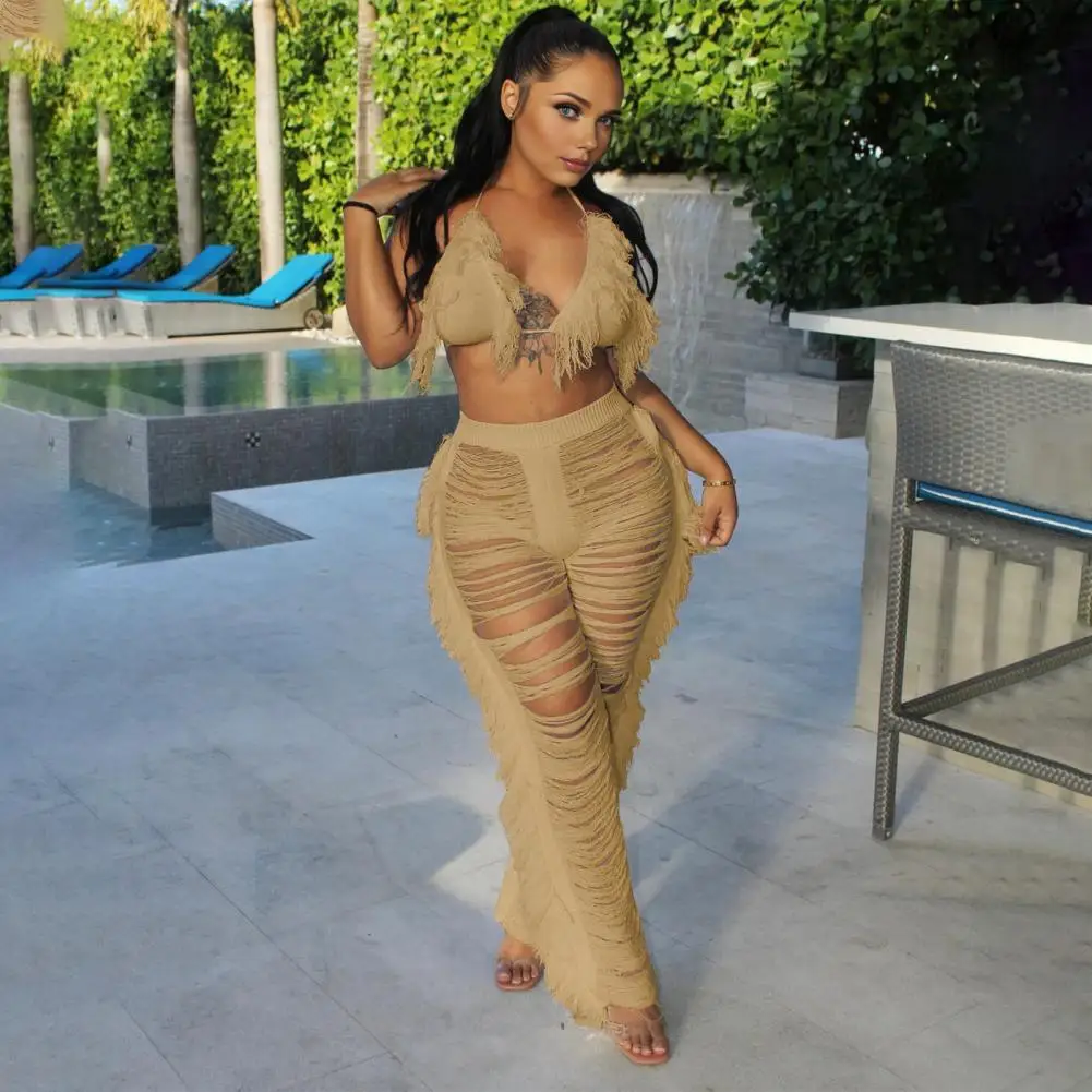 2 Pcs/Set Women Crop Top Pants Set Tassel Hollow Out Lace-up Halter Neck Beach Vacation Bra Ripped Knitted Hollow Out Trousers