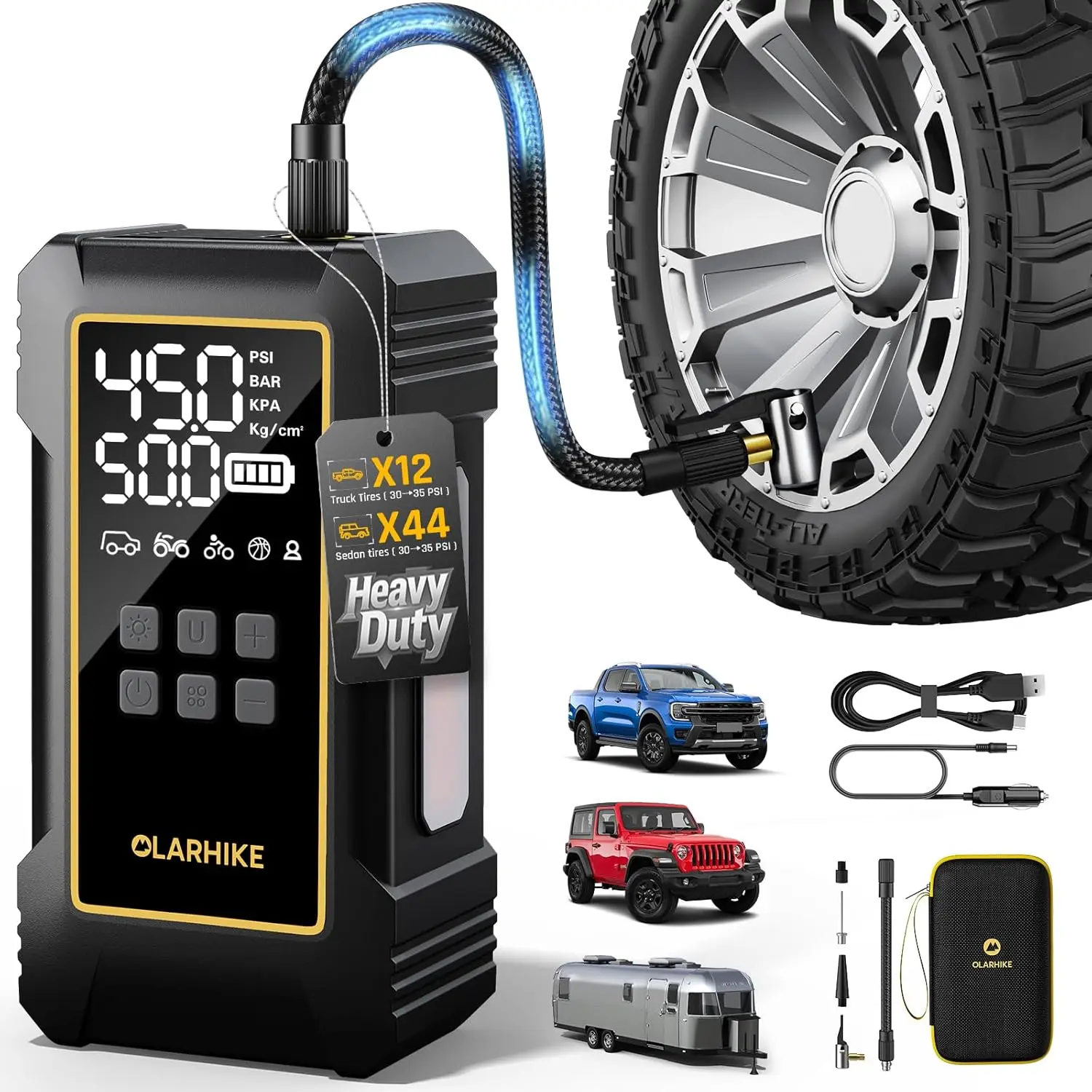 

Portable 12000mAh Air Compressor, 150PSI Dual Power for Car Tires, Trucks & SUVs with Digital Gauge & LED Light