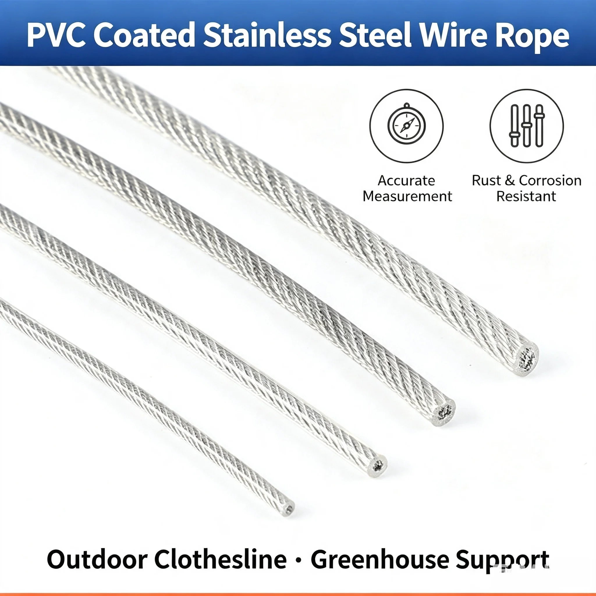 3-6MM 10-100M Super Flexible Thicken Transparent PVC Coated  7X7 Core Stainless Steel Wire Rope Soft Cable Clothesline