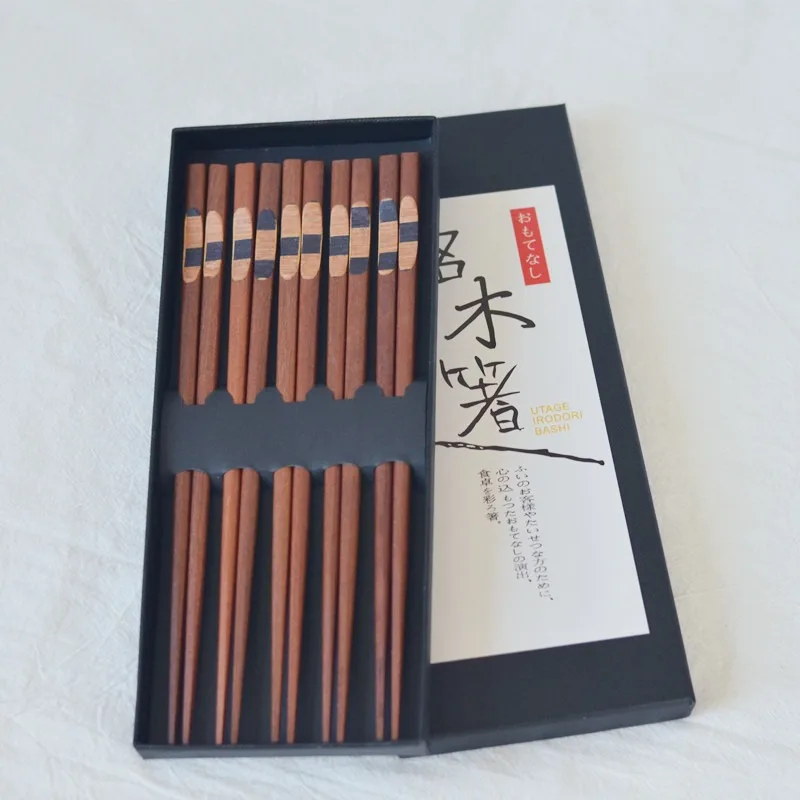 Korean Ironwood Chopsticks 5pair Gift Set Solid Wood Creative Stickers Pointed Chopsticks Eco-friendly Wooden Kitchen Tableware