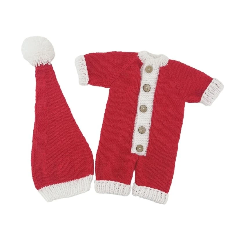 J15U Infant Photography Props Christmas Costume Knit Santa Hat Jumpsuit Baby Photoshooting Outfit Newborn Shower Gift