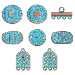 10PCs Bohemian Round Flower Horse Moon Pattern Charms Blue Patina Geometric Connectors Diy Necklace Bracelet Jewelry Pendants