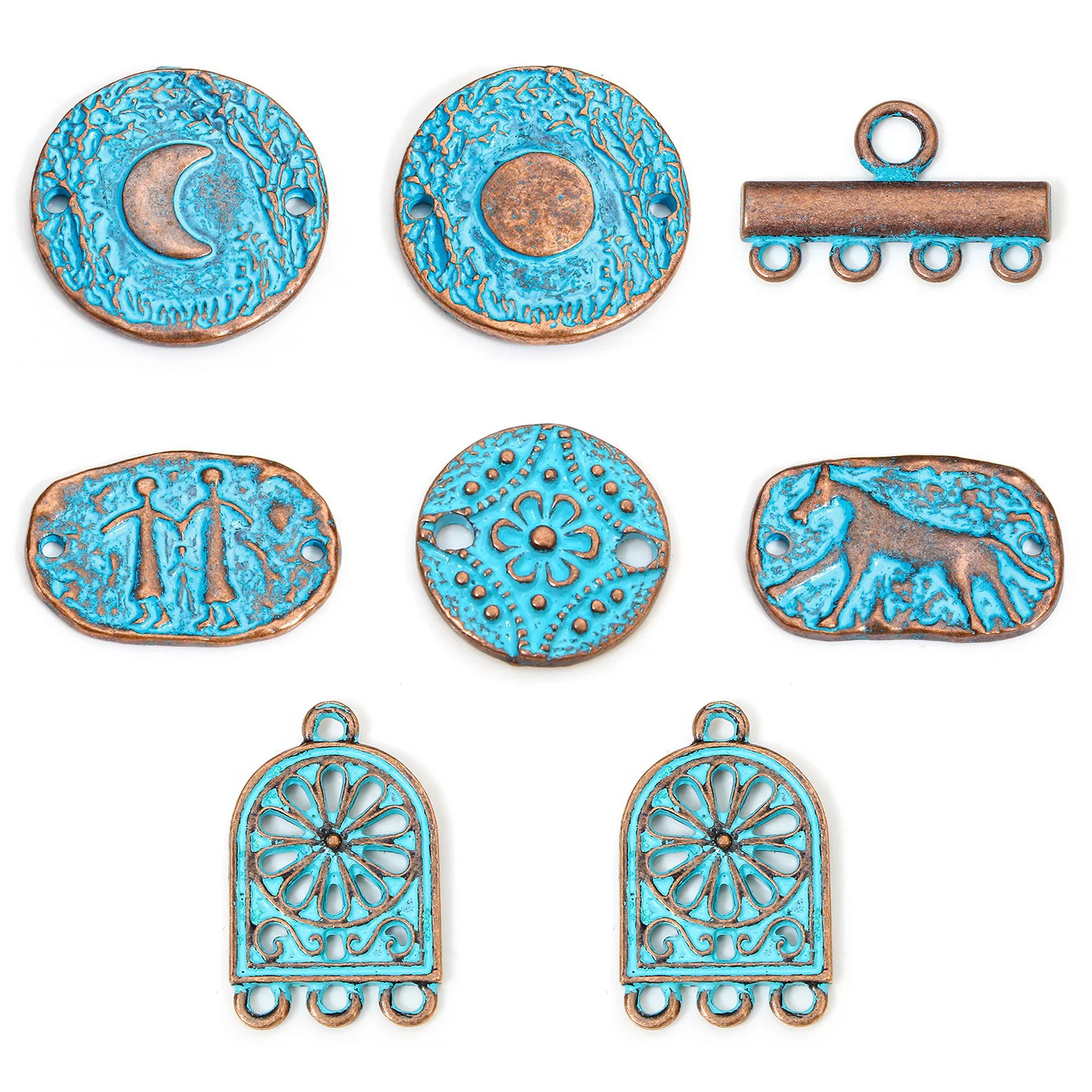 10PCs Bohemian Round Flower Horse Moon Pattern Charms Blue Patina Geometric Connectors Diy Naszyjnik Bransoletka Biżuteria Wisiorki