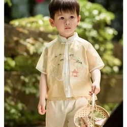 Ancient Yellow Green Embroidered Short Sleeved Tang Suit Two Piece Set for Boys Summer Chinese Style Children's Hanfu Kimono