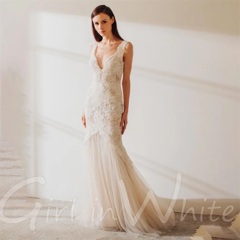 Lace Bohemian Mermaid Wedding Dress For Women customized V Neck Beach Bridal Gowns Sexy Backless Tulle Wedding Dress novia vesti