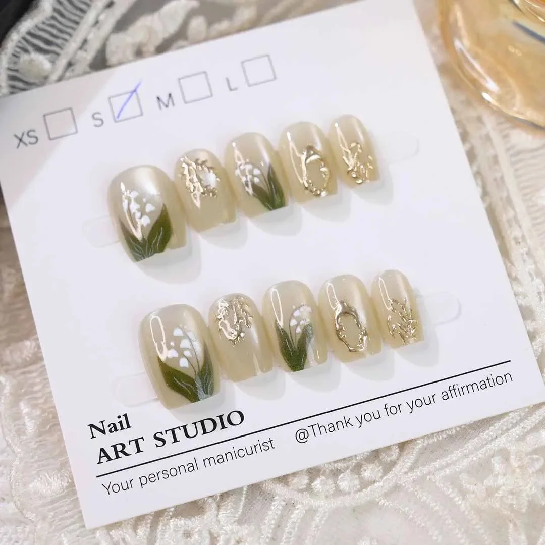 

10 Pcs Handmade Summer Cat Eye Press on Nails Gradient Ringflower Nail Patch Removable Girl Short Style Square Head Nail Tips