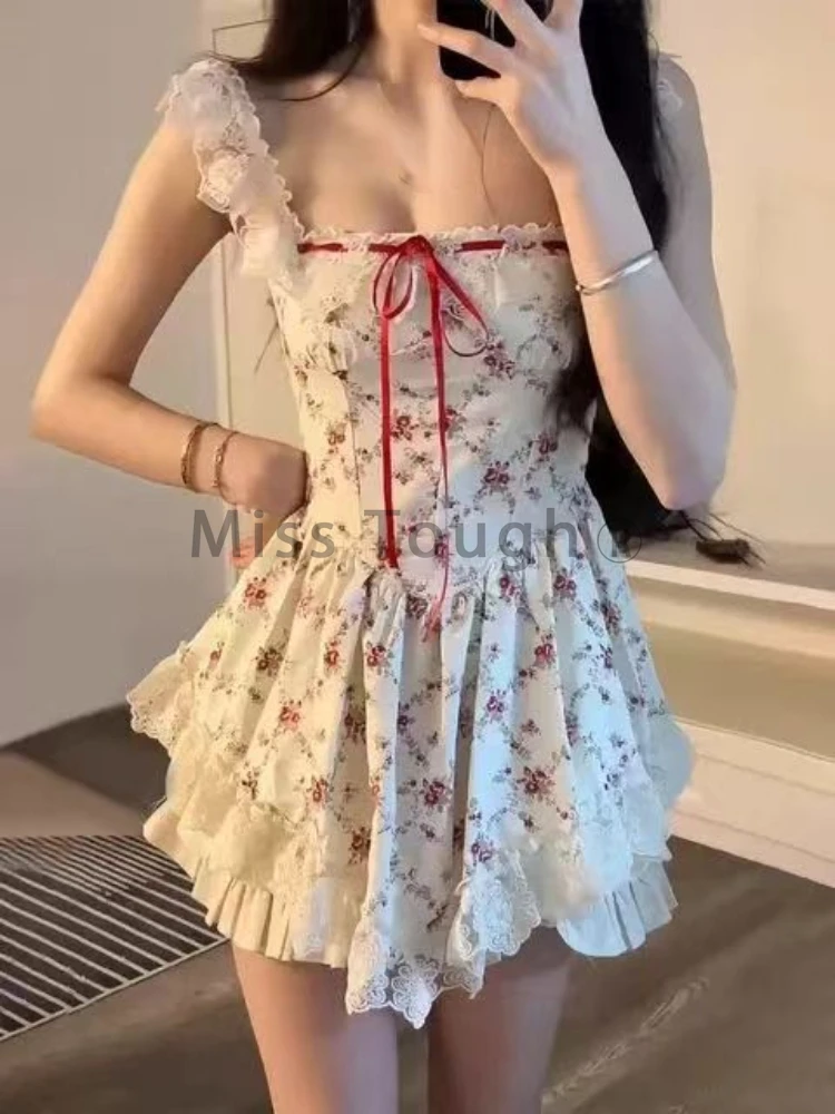 Summer France Fairy Flower Dress Women Patchwork Lace a-line Kawaii Fresses Mini abito da festa pieghettato moda dolce femminile 2024