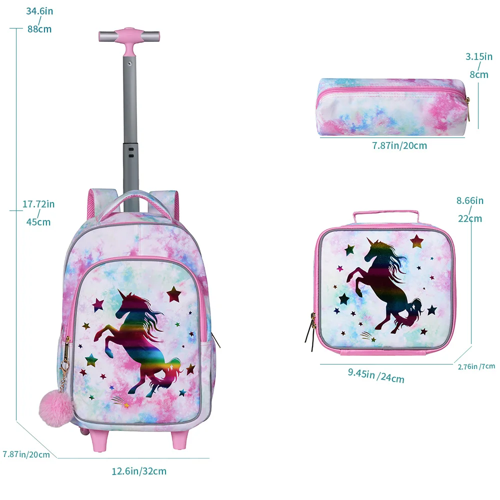 3PCS Rolling Backpack for Girls Kids  Wheeled School BookBag With Lunch And Pen Bag  Pink Unicorn Glow-in-the-dark Function