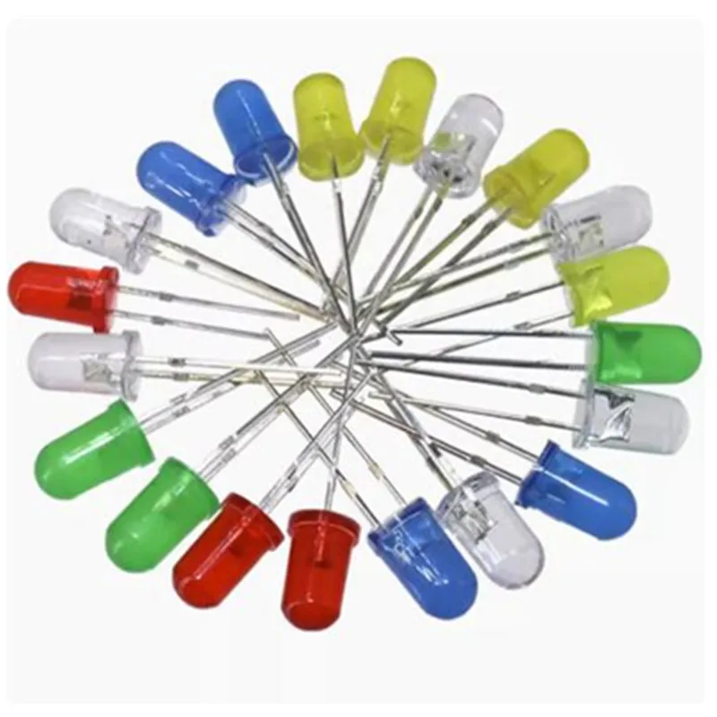 Lâmpada LED Bead Light Emitting Diode, Cabelo Branco, Branco Azul e Amarelo, Verde e Vermelho, F5 Destaque, Condensador de Cabeça Redonda, 5mm, 50Pcs