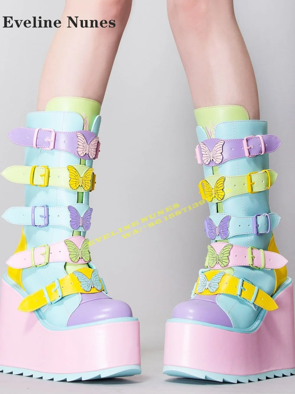 Dune Butterfly Rainbow Platform Boots Large Size 2024 New Arrivals Round Toe Wedges Height Increasing Buckle Strap Modern Boots