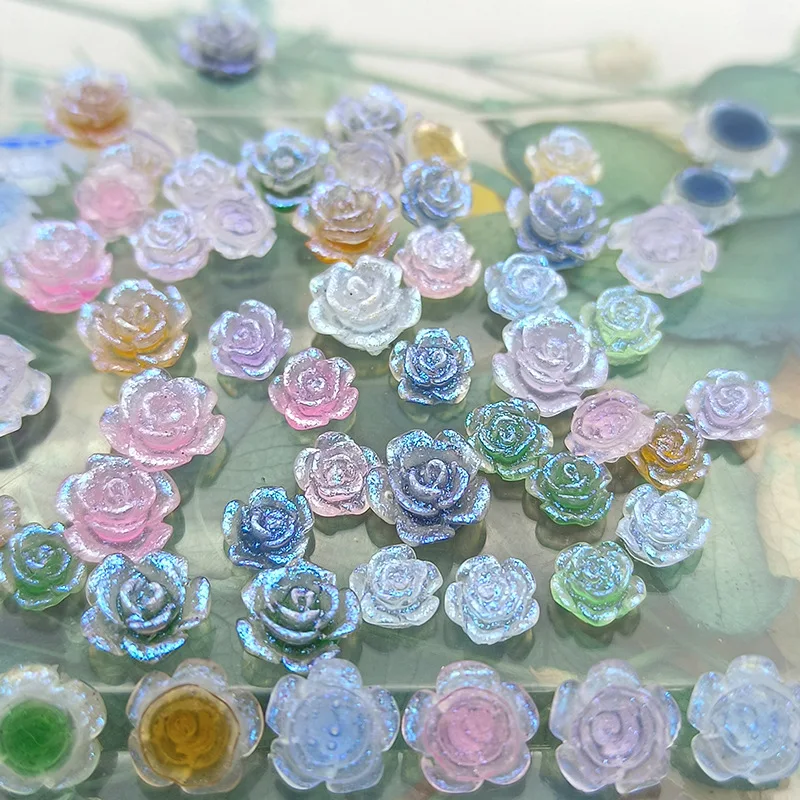 100PCS Mixed 6MM 8MM Rose Nail Charms Accessories Glittter 3D Acrylic Flower Nail Art Decoration Supplies Tool Manicure Material