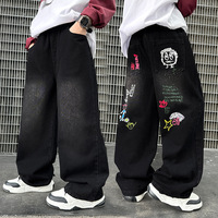 Boys Black Print Jeans Spring/Autumn Kids Wide Leg Pants Washed Denim Straight Pants Teen Children Pants 6 8 10 12 14 Years Old
