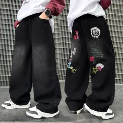Boys Black Print Jeans Spring/Autumn Kids Wide Leg Pants Washed Denim Straight Pants Teen Children Pants 6 8 10 12 14 Years Old