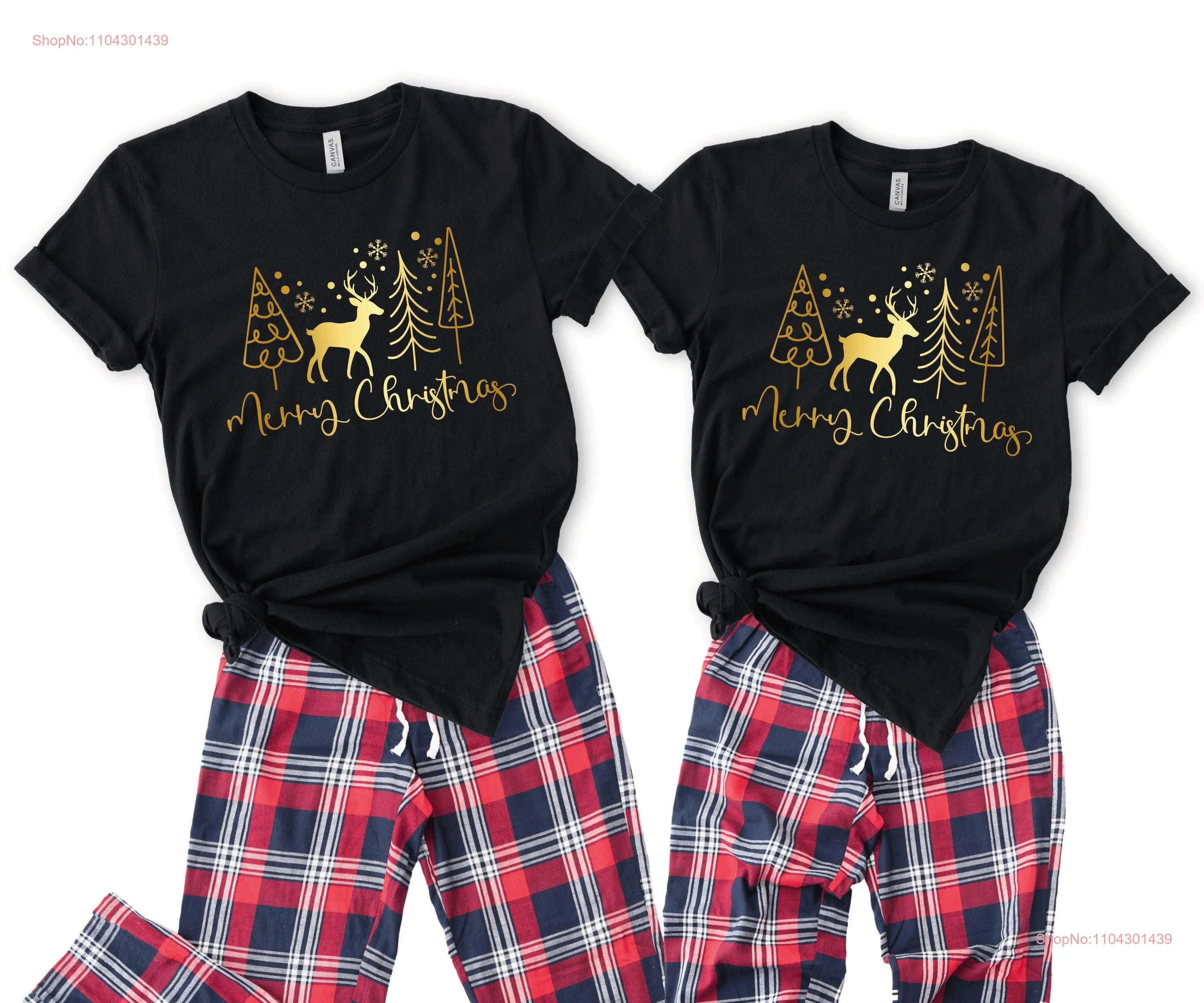 Family matching Tartan Lounge Pants Pyjama set with Personalised Christmas Desig in the T shirt Merry and Tree Familly