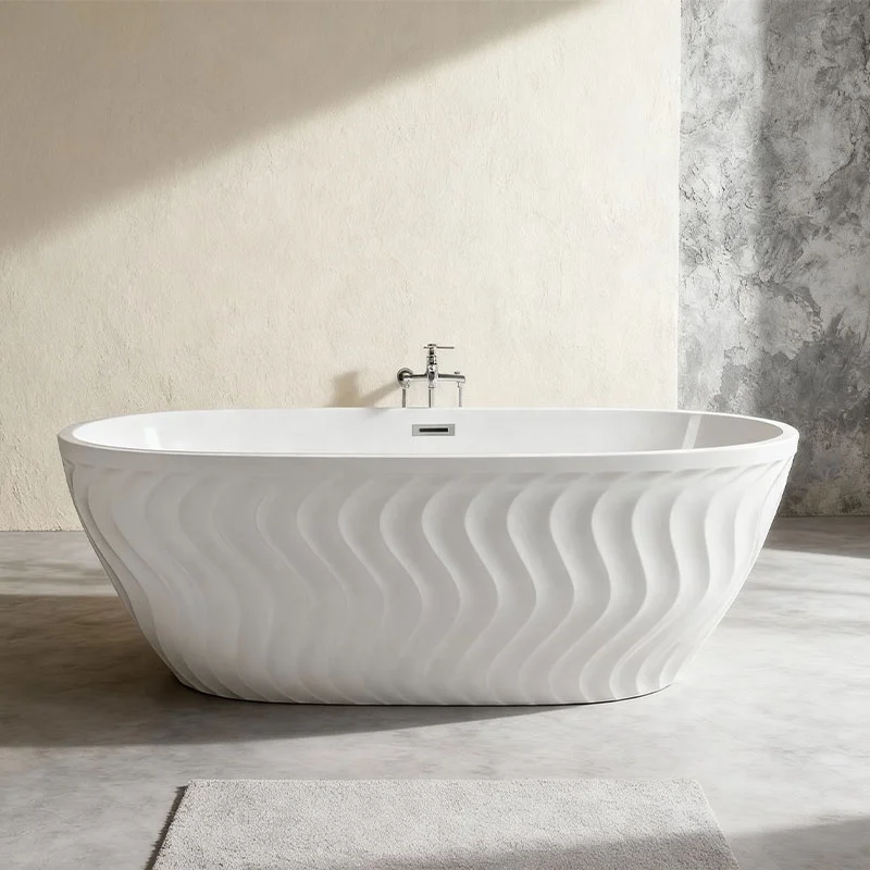 Modern Hotel Home New Design Standing White Acrylic Soaking Oval Freestanding Bathtub