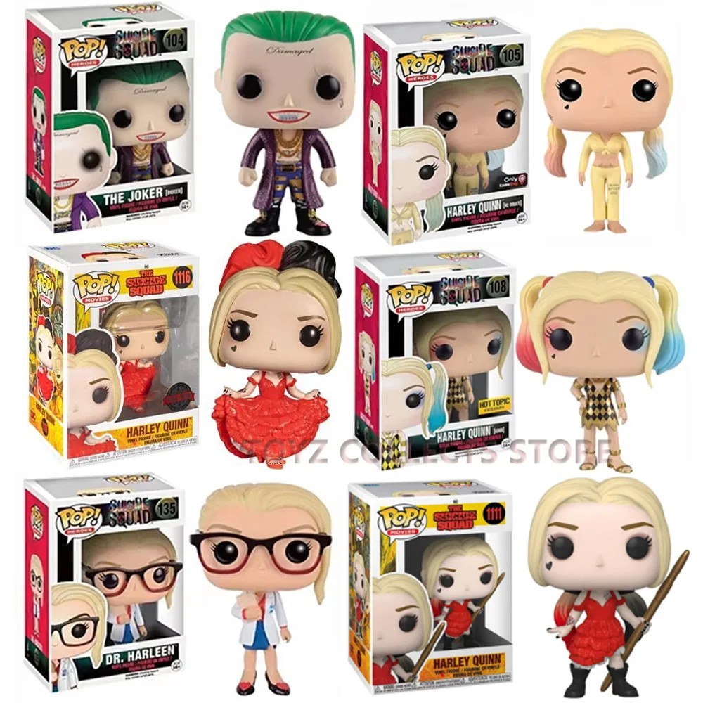 Funko Pop Suicide-Squads Jokers # 104 دكتور هارلين # 135 هارلي # 105 كوين # 108 ألعاب شخصيات الحركة هدايا دمى الفينيل لأبطال Pop-DC
