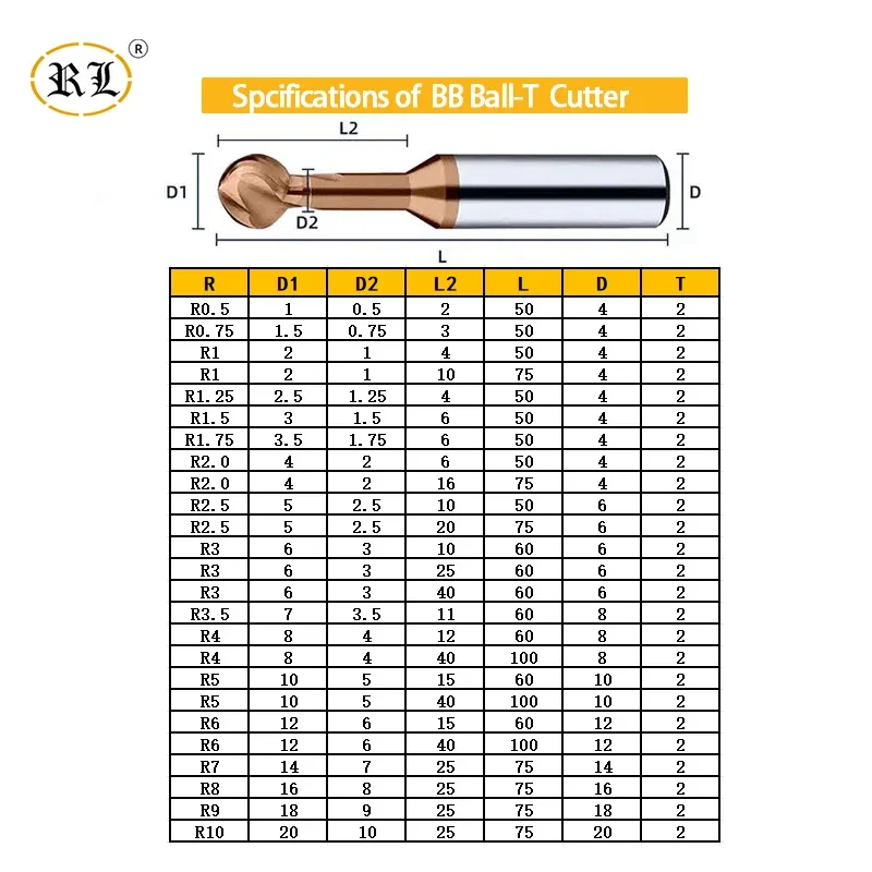 RL HRC60 Ball T Shape Cutter Tungsten Steel Lollipop Milling Cutter R0.5-R10 Solid Carbide CNC Milling Cutter Arc Groove 3D