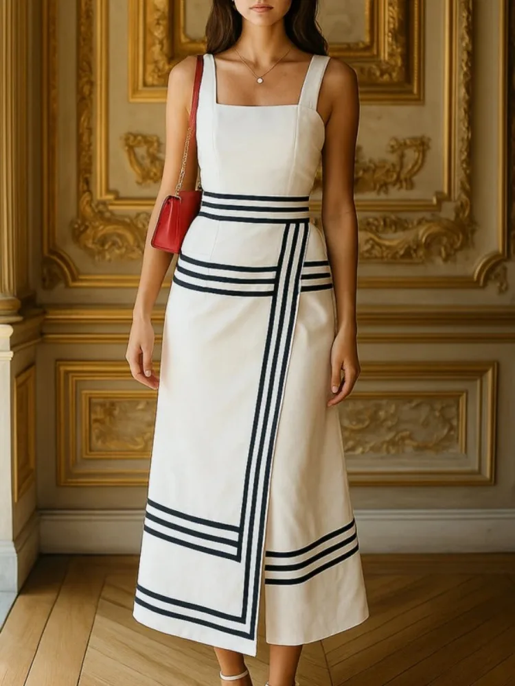 

Женское платье Onecozyday с бело-черными полосками, квадратным вырезом, на тонких бретелях, миди, с разрезом и завышенной талией, для летнего отдыха