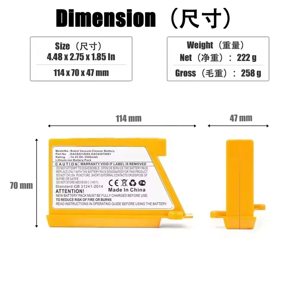 Newly Upgraded Robot Vacuum Cleaner Battery 5000mAh For LG EAC62218202 VR64703LVMB,VR7412RB,14.4V lithium-ion battery pack