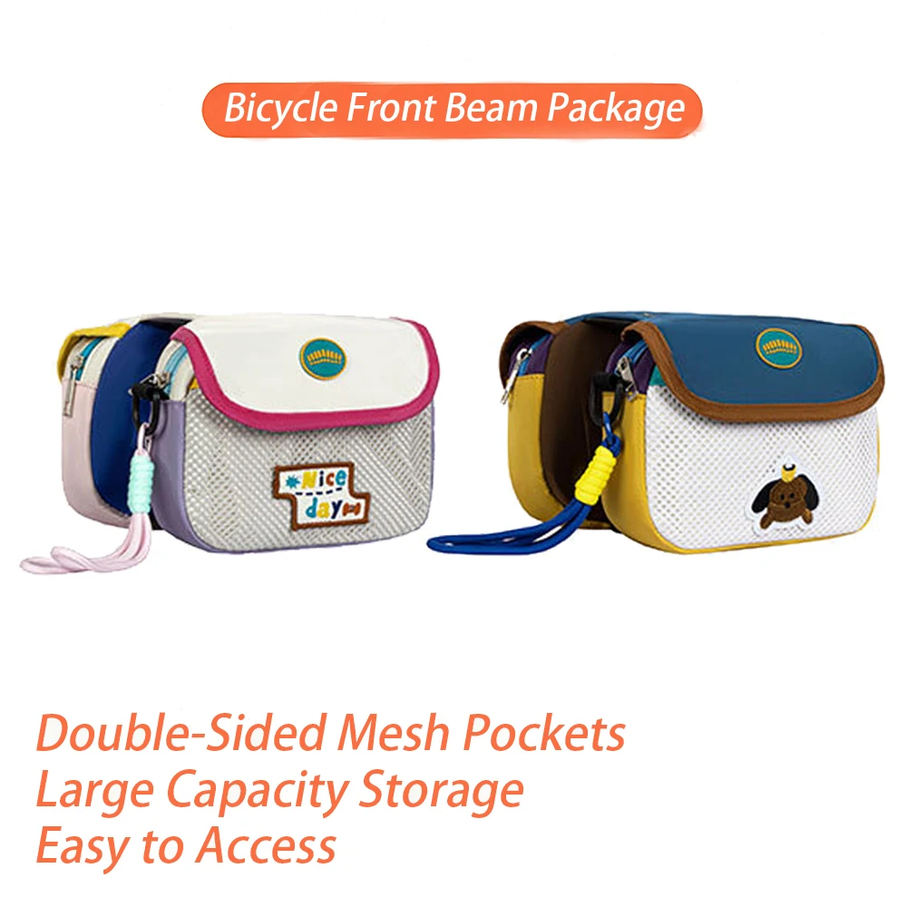 Cute Cartoon Bicycle Top Tube Frame Bag Double Side Mesh Pouch Bike Front Crossbar Storage Bag for Phone Keys Small Cycling