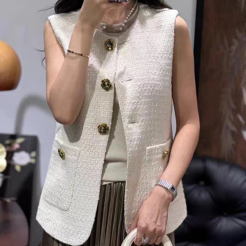 

ZJYT Autumn Winter Fashion Women Tweed Woolen Vest Jacket Sleeveless White Tops Elegant Lady Single Breasted Vest Coats Female