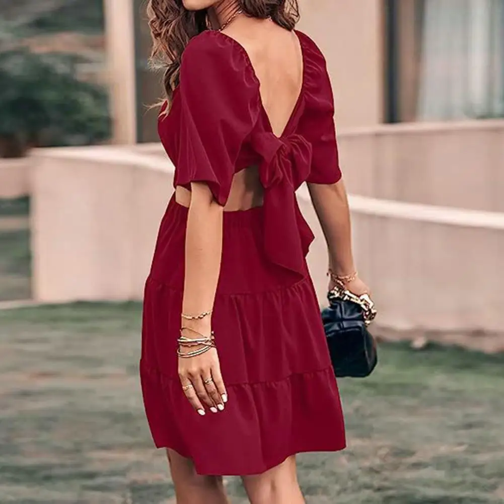 

Cross Waist Dress Stylish Women's Summer Dress Backless Knot Cross Hollow Out Waist A-line Loose Hem Square Neck Short Sleeves