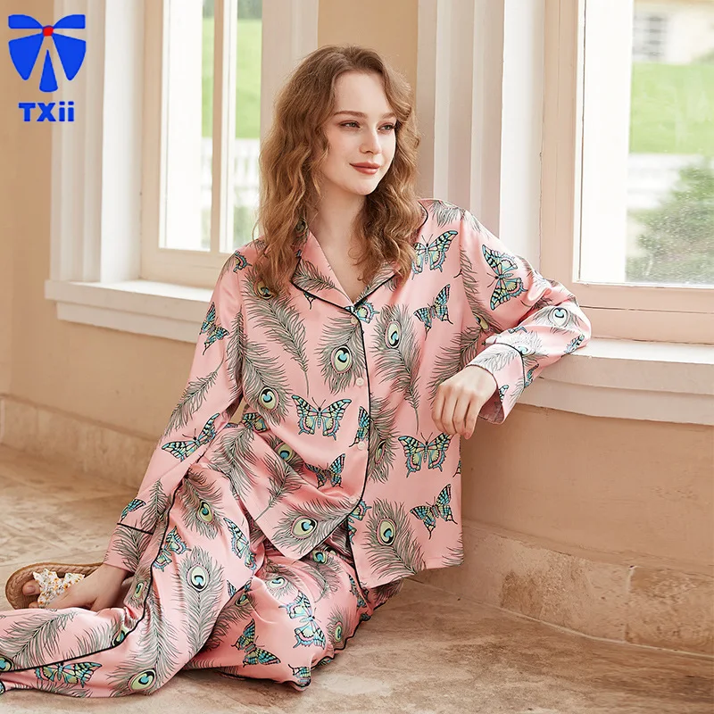 

【Pink Phoenix Feather】comfortable Ice Silk Pajamas Women High-end Sense ins Style Lapel Spring/Summer Long Sleeve Home Suit