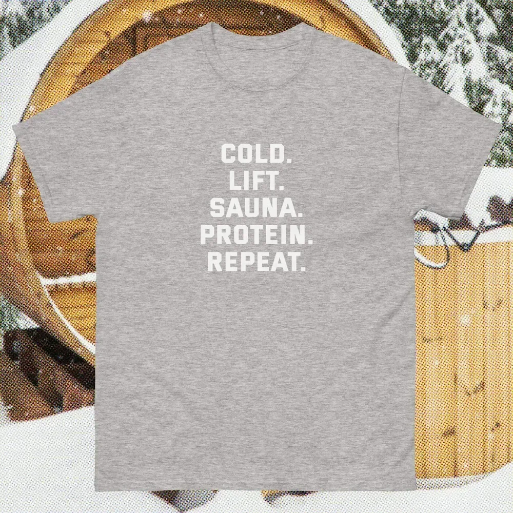 

Cold Lift Sauna Protein Repeat T Shirt Gym Rat Health And Fitness Workout Tee Plunge Ice Bath Gigachad