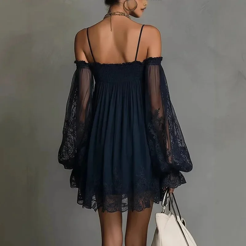 Sexy Off Shoulder Mini Dress Elegant Draped Suspender Dress Summer Fashion Lace Sheer Long Puff Sleeve Party Dress Chic Vestidos