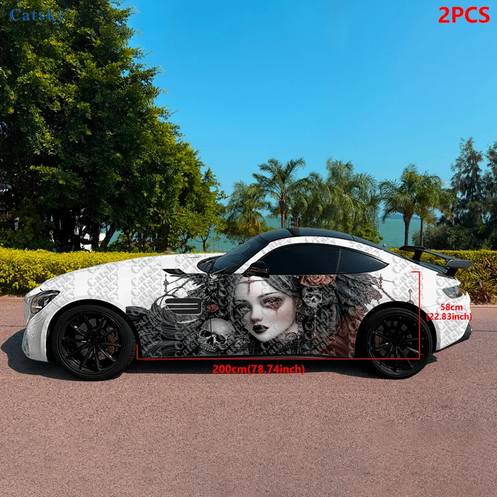 2pcs.Gothic Dark Skull Lace Girl Car Side Decals | Self-Adhesive PVC Waterproof & Scratch-Resistant Stickers, Fashionable