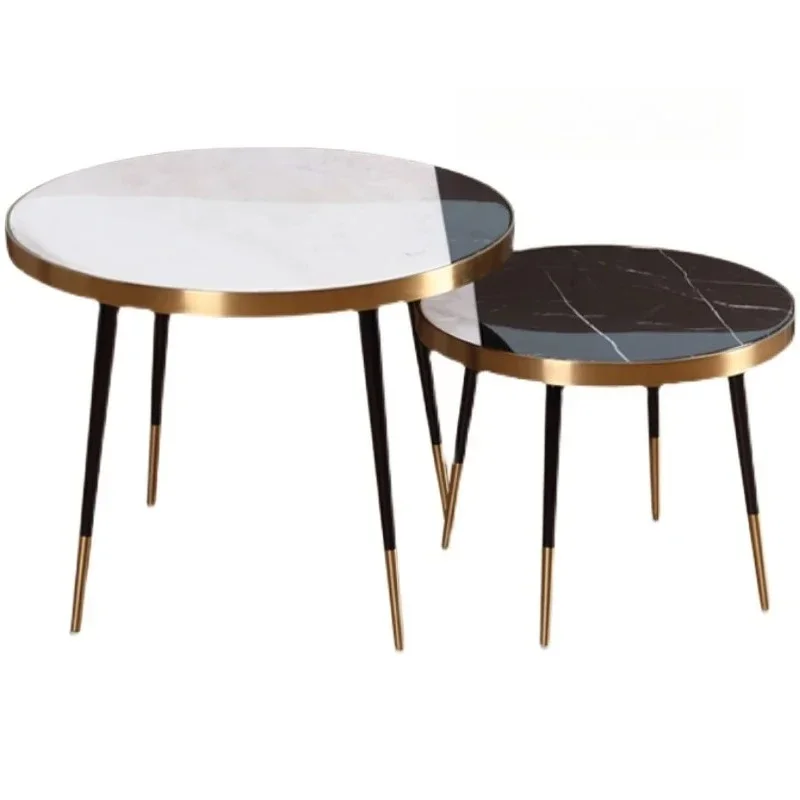 QQCoffee Table Light Luxury Modern Simple Sofa Edge Living Room Household Round Marble Stainless Steel
