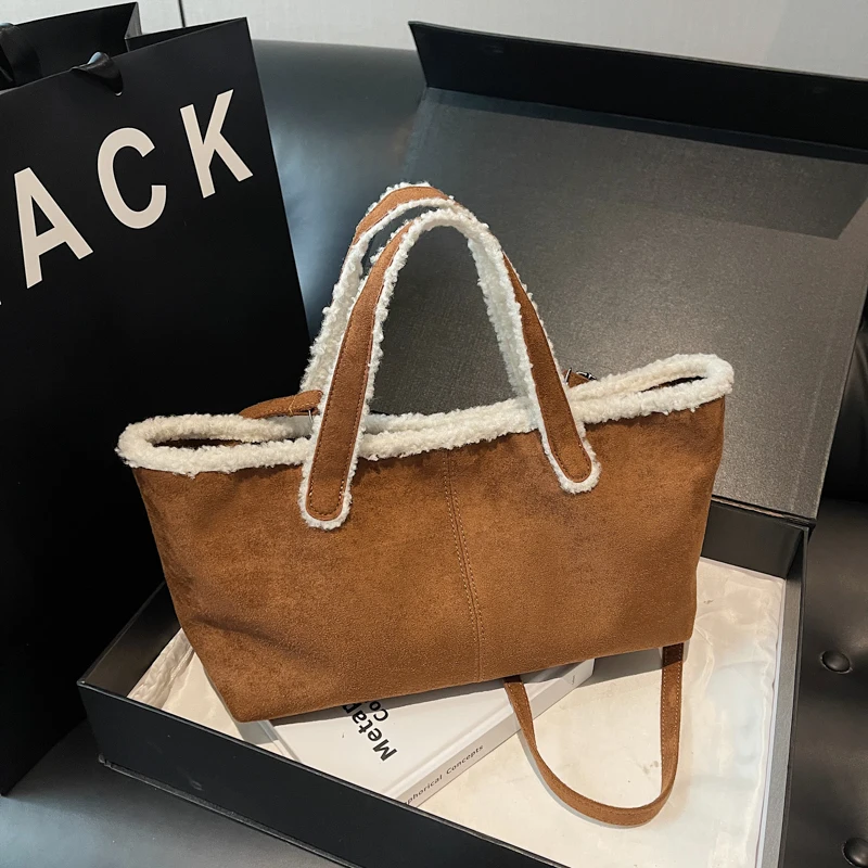 

Vintage Suede Large Capacity Bag New Lamb Fur Edge Casual All-match Crossbody Bag Commuter Women's Hand Tote Bag