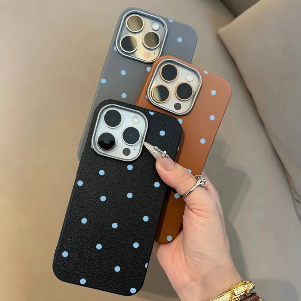 Simple Blue Polka Dots Phone Case For Samsung Galaxy A16 A35 A54 A55 5G S26 S22 S23 FE S24 Plus S25 Ultra Leather Texture Funda